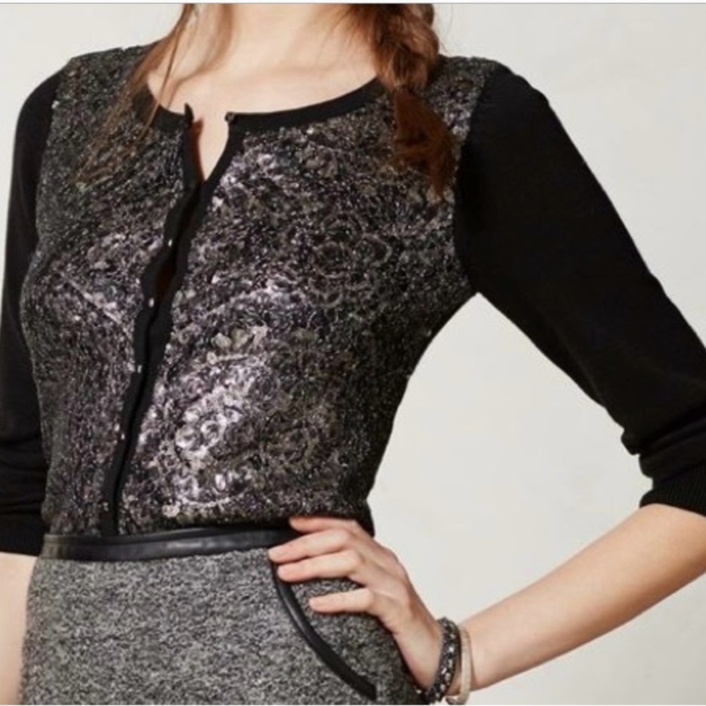 New Anthropologie Black and Silver Sequin Cardigan